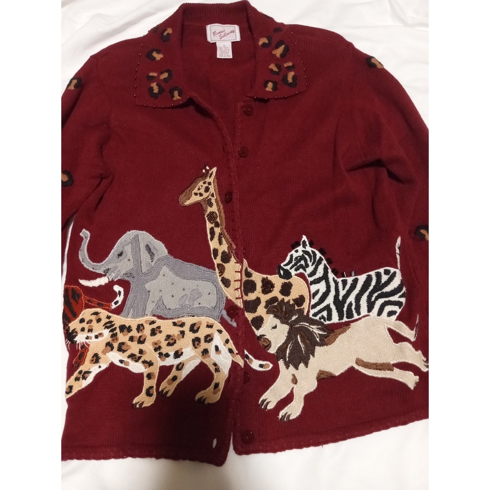 Ronnie Salloway Womens Cardigan Sweater Animal Print Burgundy Size S